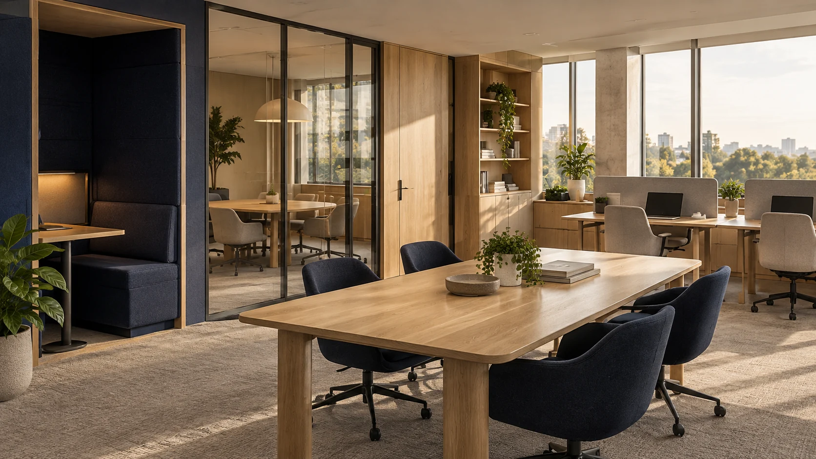 Workplace concept showing focused desks, a quiet navy booth and a shared collaboration table.