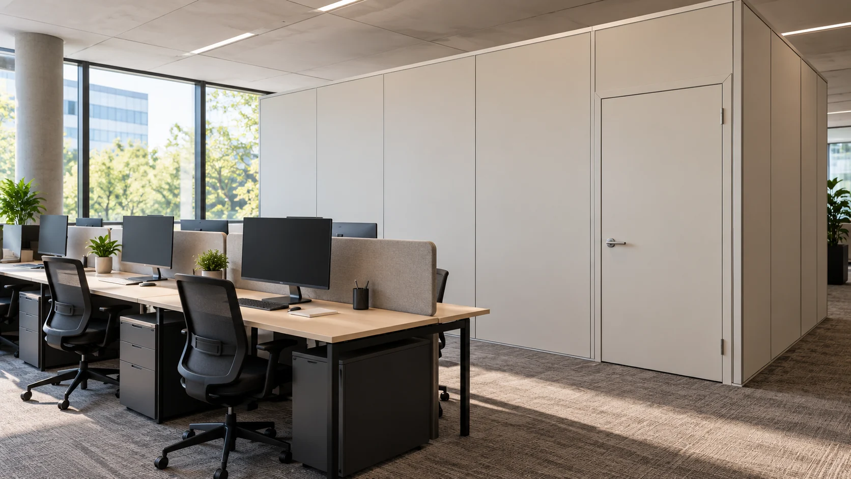 Finished office desks with blank monitors and chairs beside a solid neutral partition with a closed door. Design concept.